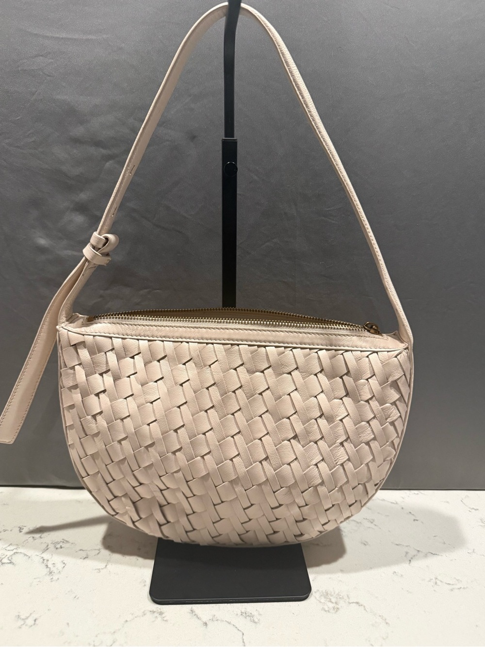 Woven Crescent Shoulder Bag in Light Beige